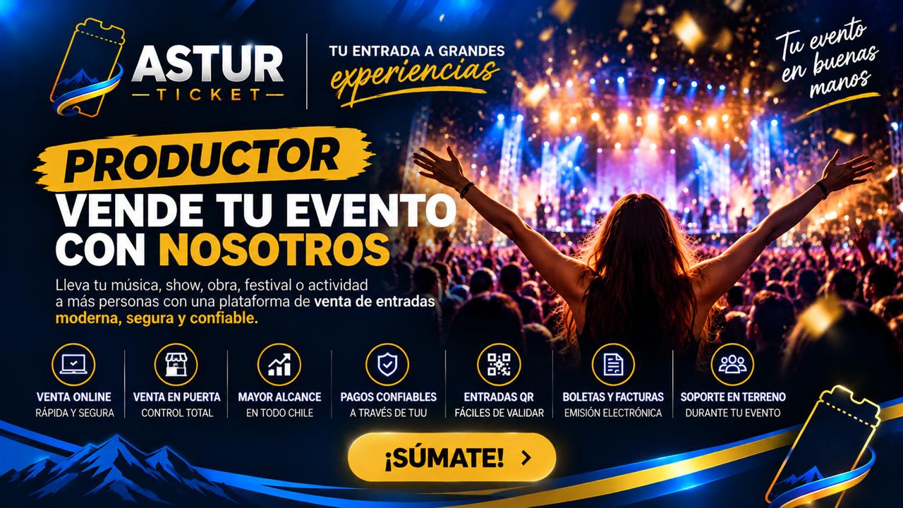 Productor: vende tu evento con nosotros. Venta online y en puerta, pagos confiables a través de TUU, entradas QR, boletas electrónicas y soporte en terreno. Súmate escribiéndonos por WhatsApp.